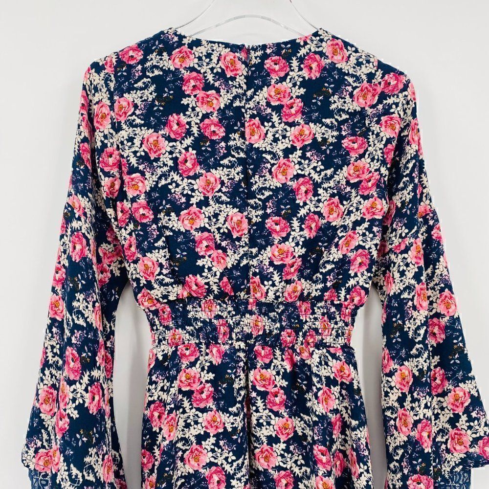Altar'd State Size XS Navy Blue & Pink Floral Claudine Bell Sleeve Boho Dress - Picture 8 of 10